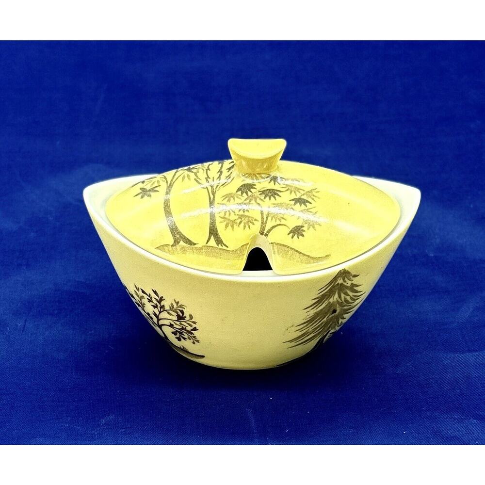 Vintage Royal Winton Lided Sugar Bowl Boat Shape Yellow Trees England